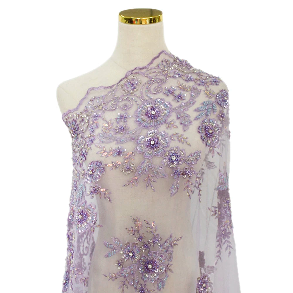 Hottest New Arrival Lilac Bridal Beaded Laces With Embroidered Shining Lace Fabric for Bridal Wedding Party HY1707