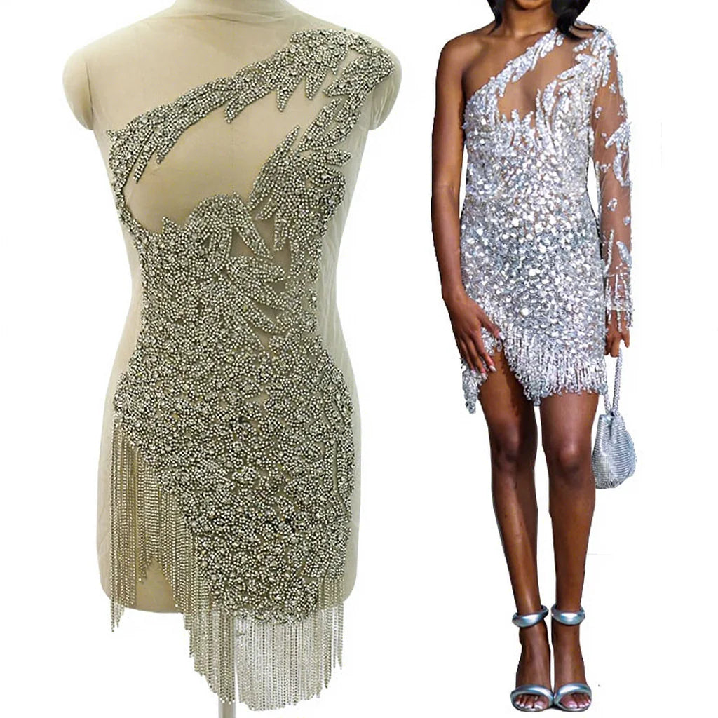 WDP-492  Rhinestone Tassel Fringe Glass Crystal Neckline Crystal Applique for Rhinestone Wedding Dress Bridal