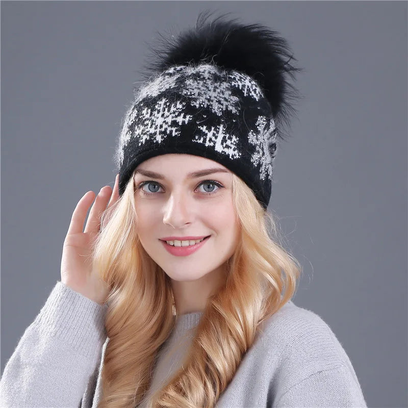 Custom Beanie Real Fur Pompom Jacquard Pattern Angora Knit Beanies With Fur  Pompom Skull Women Winter Knitted Hats