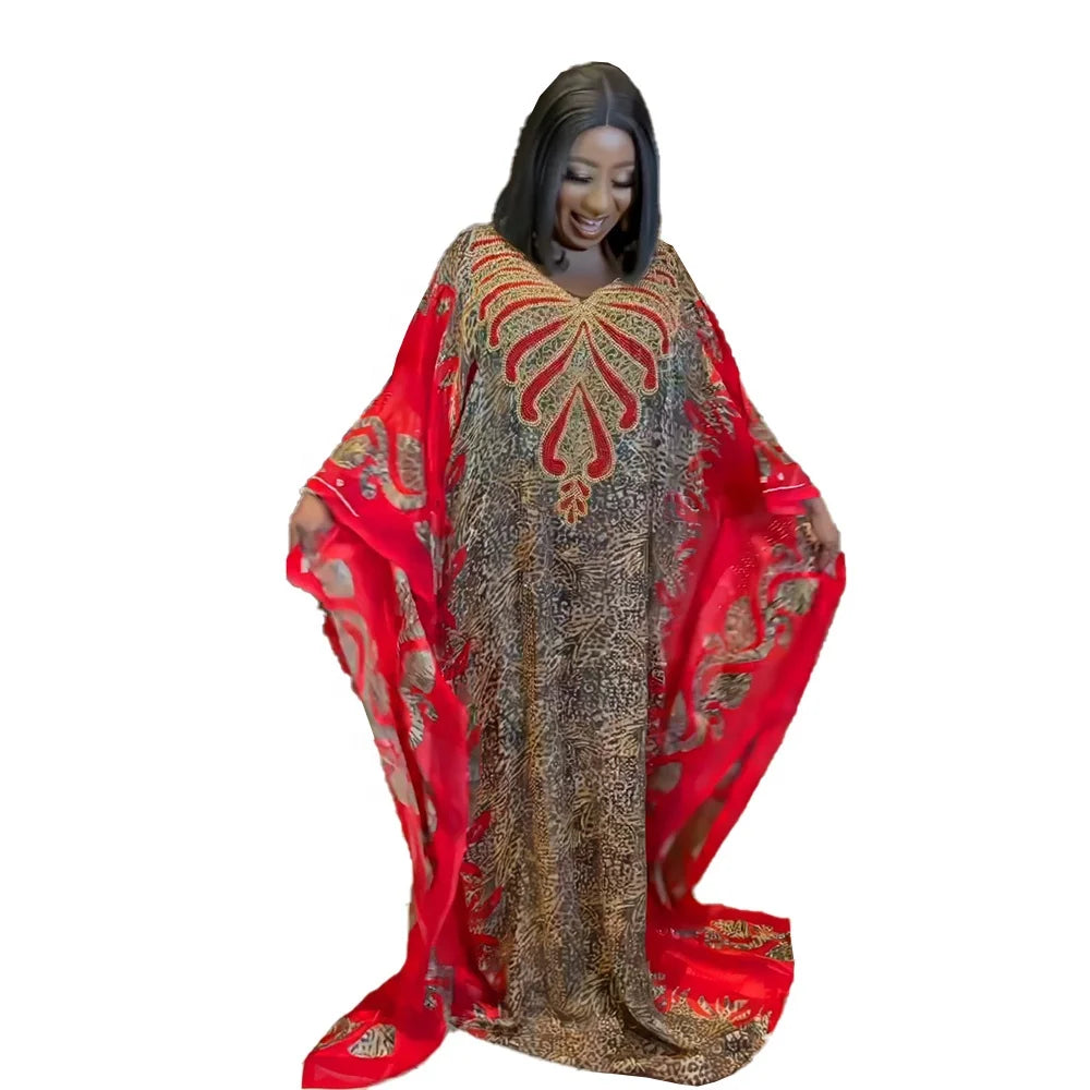 Surprise Price Set of 2 African American Chiffon African Print Fabric Rhinestone Nigerian Traditional Dresses