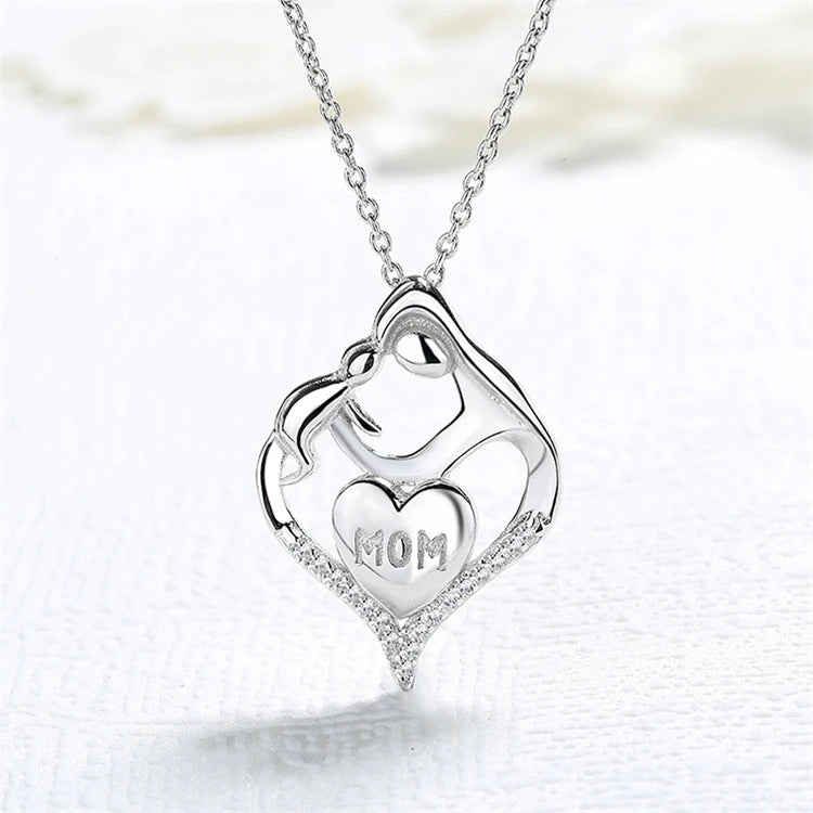 Fashion Trendy Mom and Son Heart Shape Pendant 925 Sterling Silver Simple Mothers Day Gift Necklace