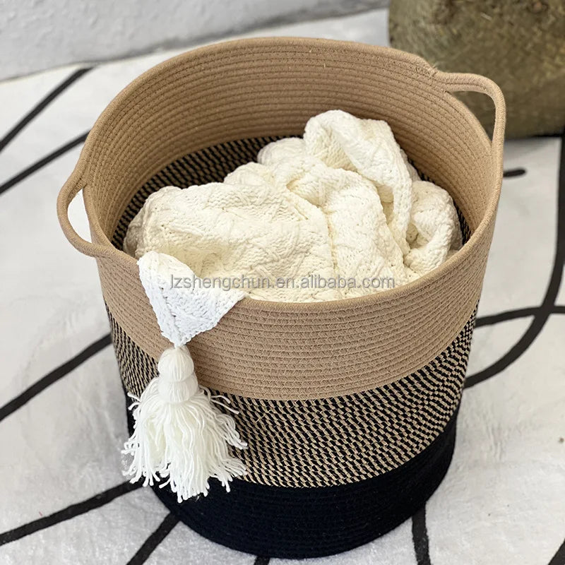 Handmade Dirty Clothes Basket Large Capacity Folding Cotton Basket Woven Rope Toy Storage Basket