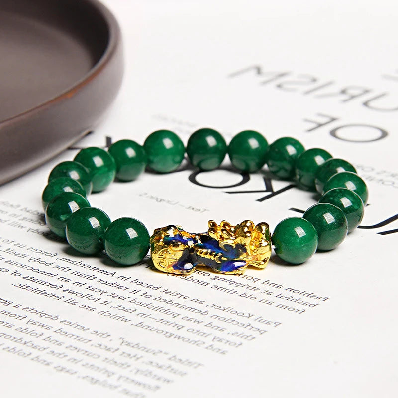 Wholesale Trendy 8/10/12/14mm Green Jade Stone Bracelet Gold Plated Glowing Luminous Pixiu Feng Shui Fine Jewelry Bead Bracelet