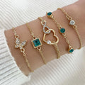 Zooying New Simple Electroplated Gold Alloy Material Set with Artificial Zircon Emerald Diamond Four-piece Bracelet
