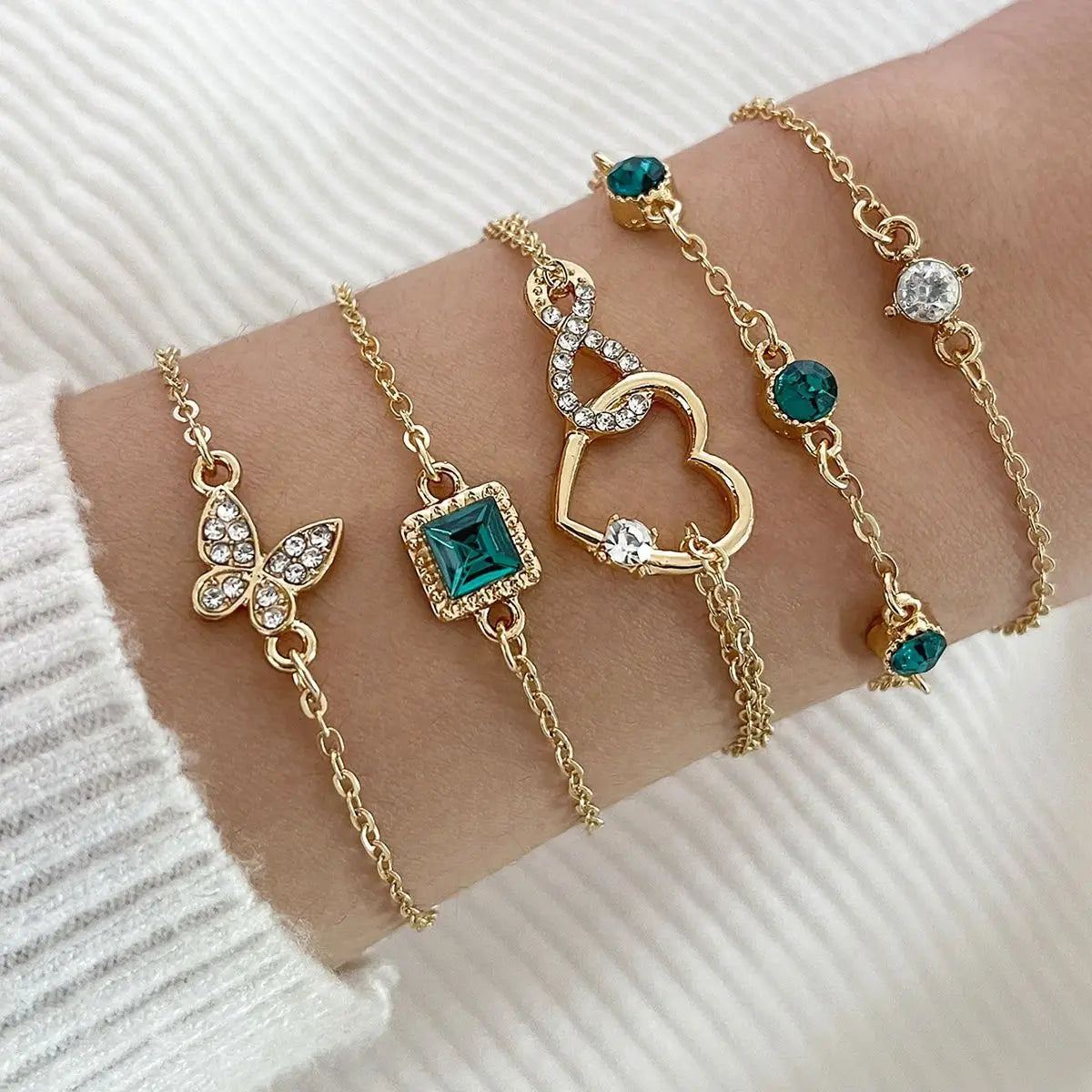 Zooying New Simple Electroplated Gold Alloy Material Set with Artificial Zircon Emerald Diamond Four-piece Bracelet