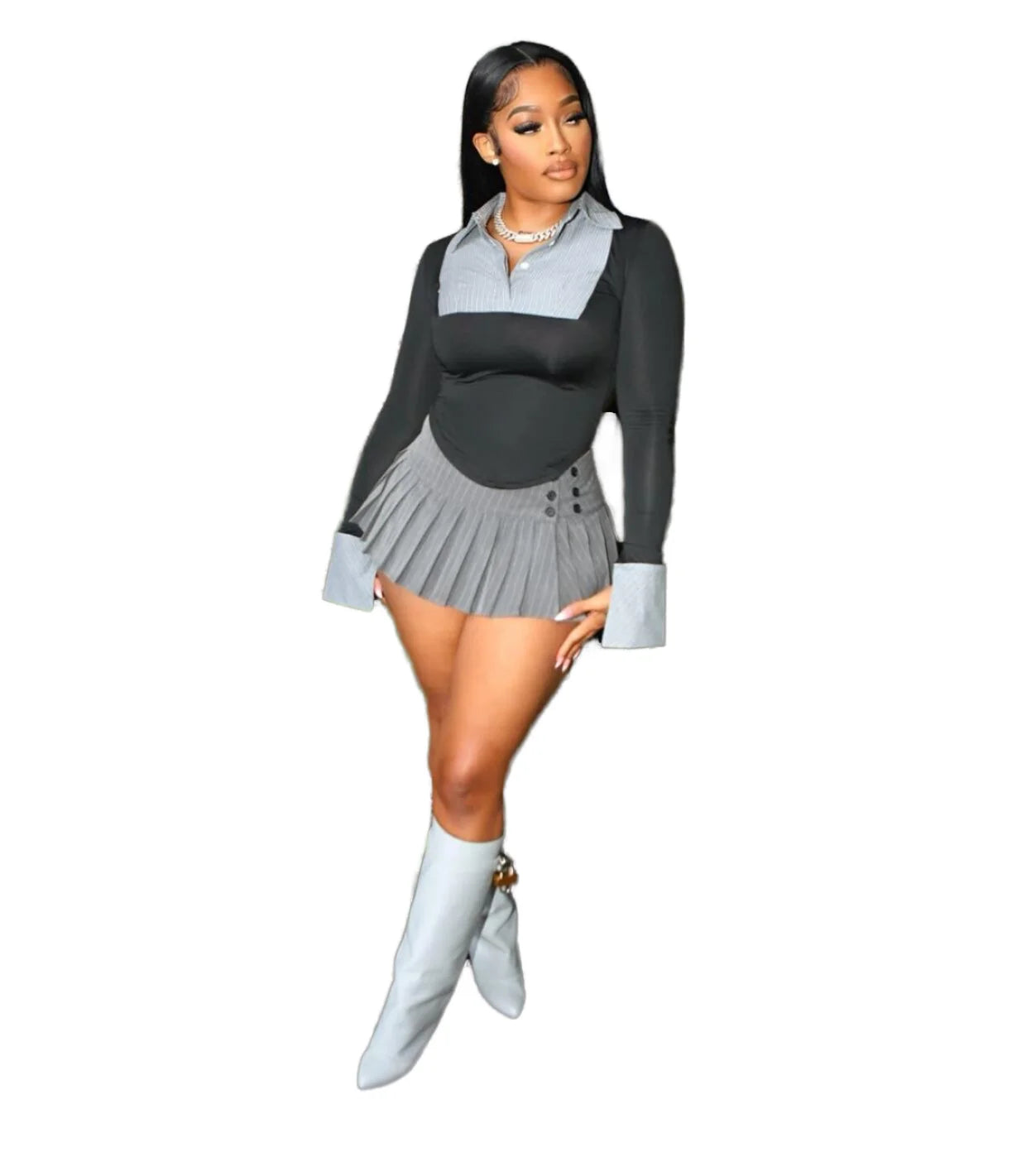 Striped Color-Block Casual Two-Piece Set Short-Top Pleated Ankle-Length Mini Skirt Fashionable Long-Sleeve Top Skirt Combination