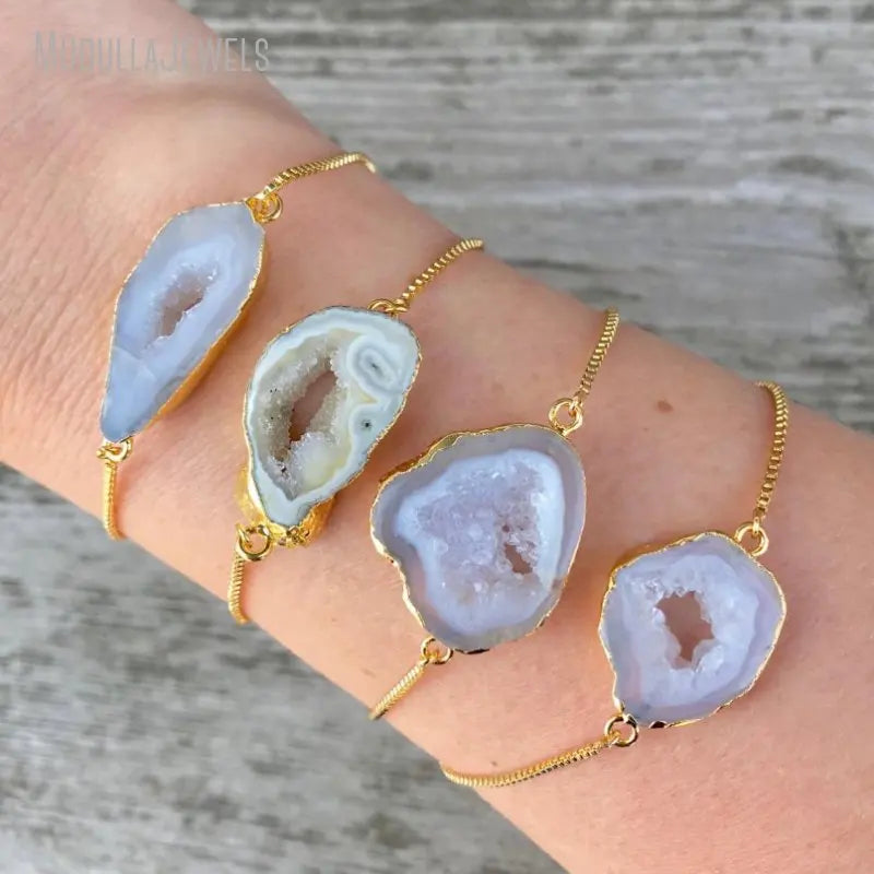 BM14713 Natural Agate Geode Free Form Adjustable Box Chain Bracelet Gold Plated Minimal Minimalist Jewelry