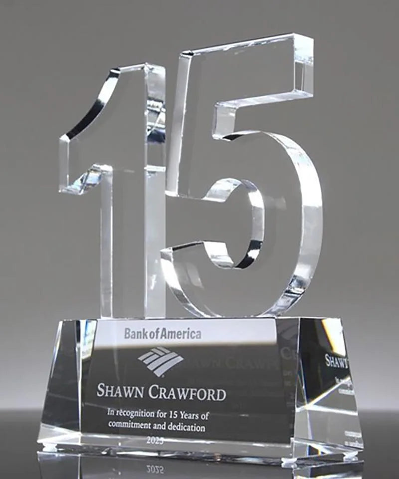Adel Customized Crystal 15 Years of Service Award Plaque Design 190x140x50mm Engraved & UV Printed Gift Box