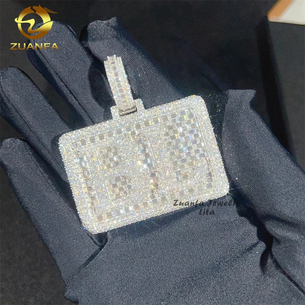 Custom Rectangle Pendants Iced Out Letter Baguette Diamond Hip Hop Men 925 Sterling Silver Moissanite Pendant
