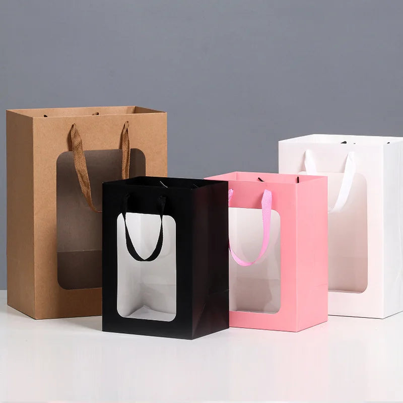 Packaging Gift Carrier Bag Clear Window Flower Bouquet Shopping Kraft Packaging Gift Bags for Small Business
