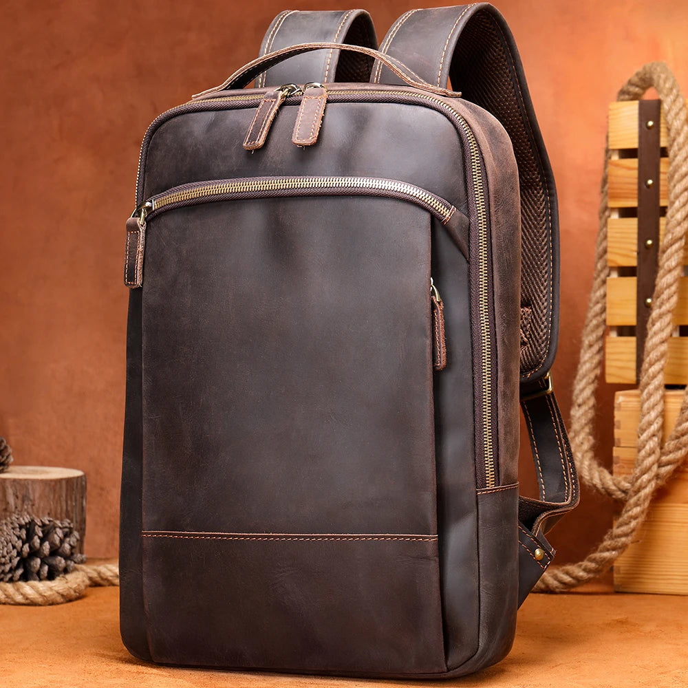 MARRANT Crazy Horse Genuine Leather Waterproof Travel Backpack 14 Inch Laptop Backpack Leather Men Backpack