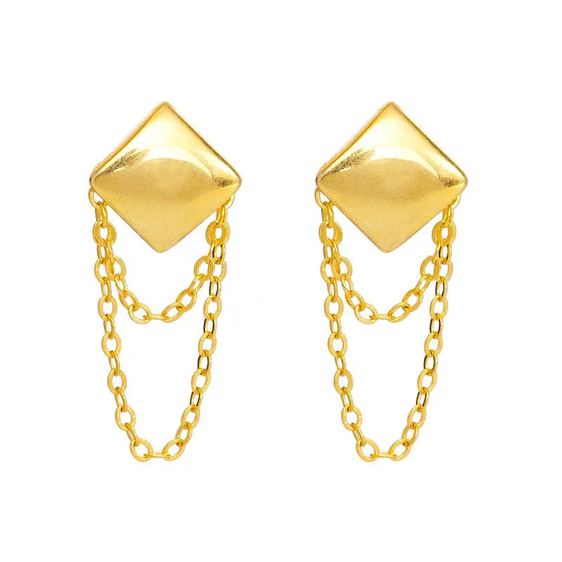 Fashion Jewelry 925 Sterling Silver square Shape Chain Tassel Gold Plated Stud Earrings for Women