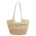 Women's Summer Straw Tote Shoulder Bag Hand-Woven Large Capacity Two Straps Hollowed Design Letter Decoration for Beach Carrying