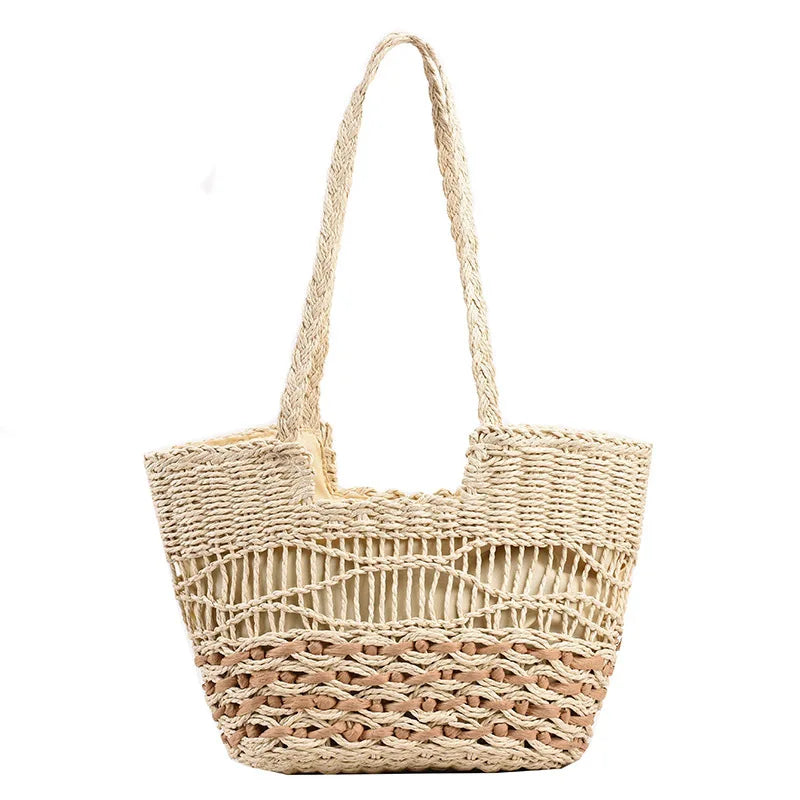 Women's Summer Straw Tote Shoulder Bag Hand-Woven Large Capacity Two Straps Hollowed Design Letter Decoration for Beach Carrying