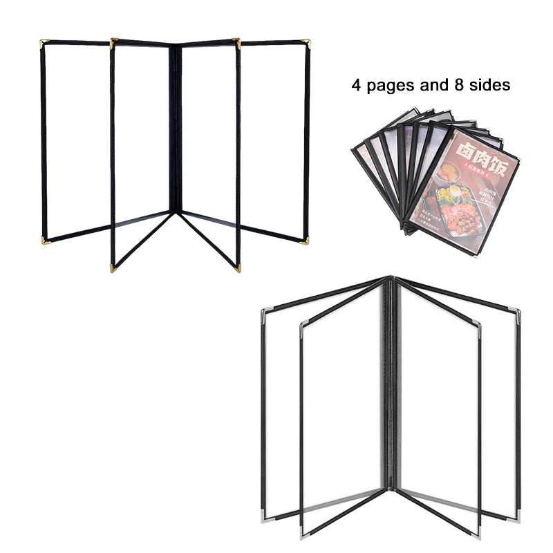 4 Page 8 View Transparent Restaurant Leather Menu Covers Clear PVC Inners Black Gold/Silver Corner JINDA Brand Fits A4/8x5inch
