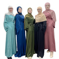 2022 Wholesale Women Islamic Soft Satin Abaya Muslim Women Dress With Sleeve Inside Button Fancy Abaya for Women Dubai