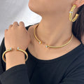 Elegant Stylish Stainless Steel Earrings Choker Bangle Set Shiny Zirconia Stones Waterproof Fade-resistant Wedding Gift for Her