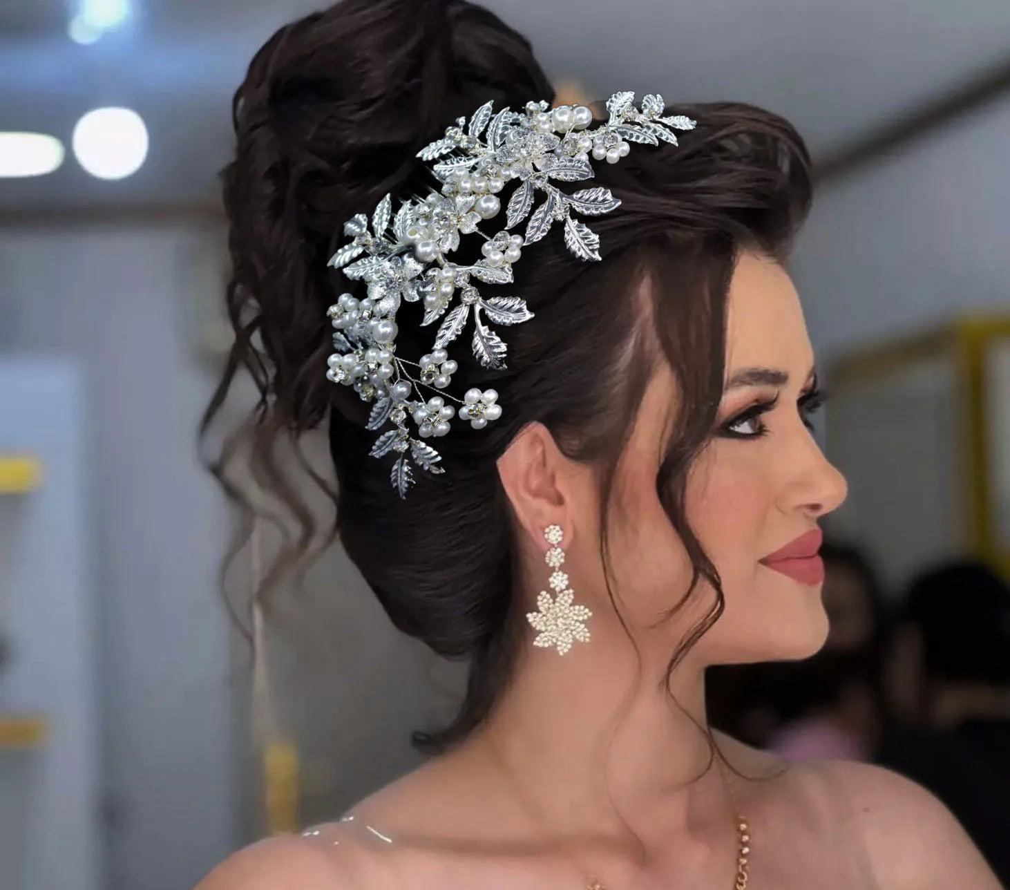 ROMANTIC Wedding Hair Piece Rhinestone Pearl Silver Bride Leaf Bridal Hair Comb