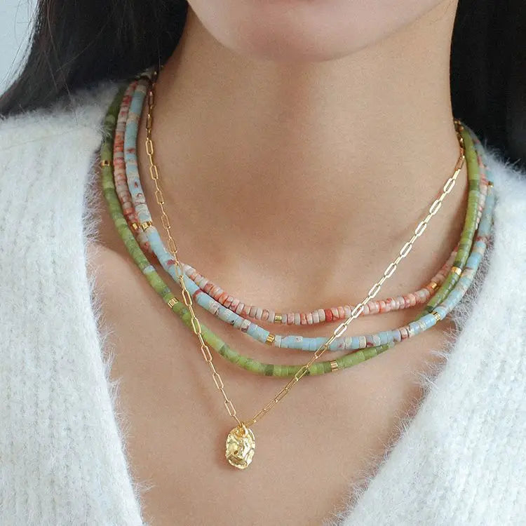 Natural Stone Beaded Beaded Necklace Aquamarine Rose Quartz Stone Necklace