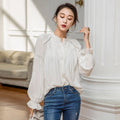 ML Women's Korean Style White Shirt Long Sleeve Hollow Out Blouse Office Ladies O-neck Vintage Fashion Top Outwear