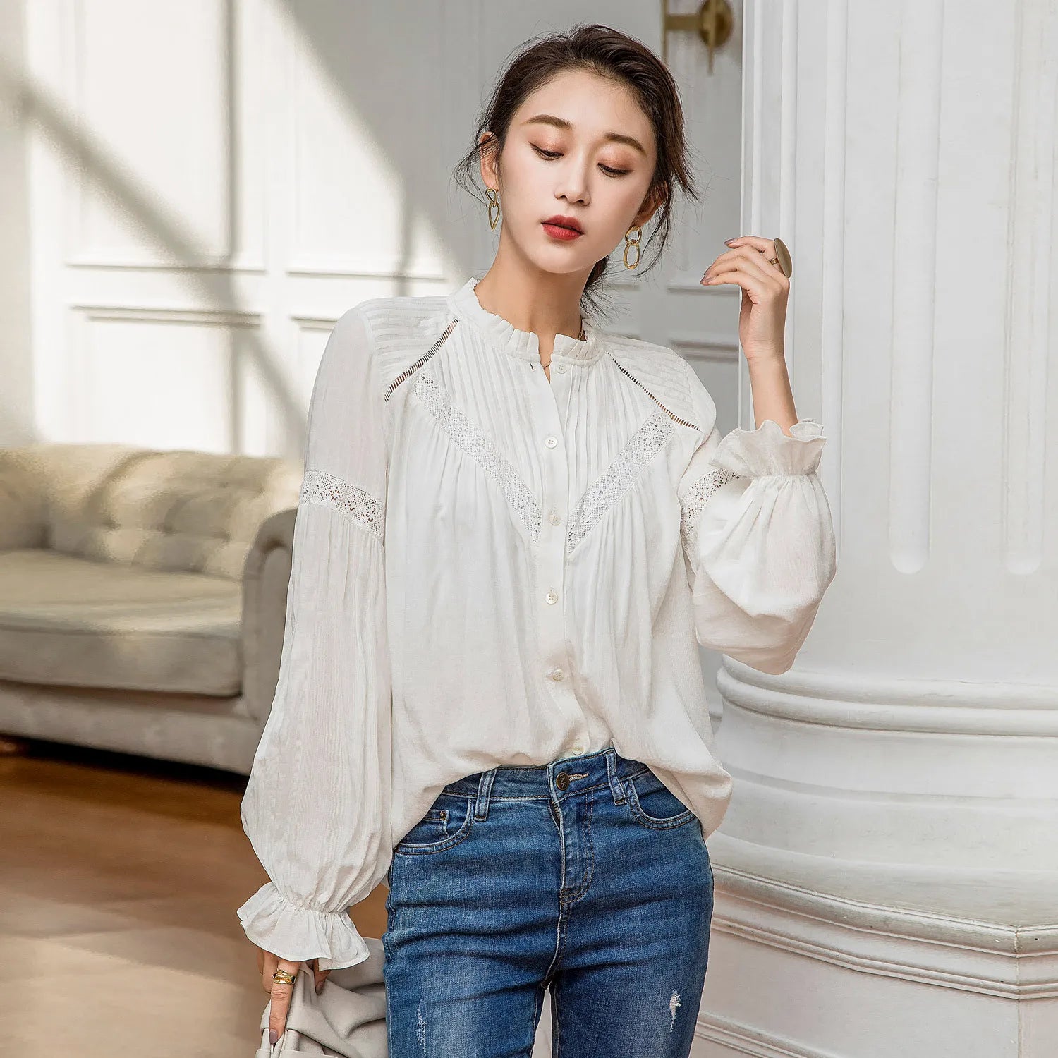 ML Women's Korean Style White Shirt Long Sleeve Hollow Out Blouse Office Ladies O-neck Vintage Fashion Top Outwear