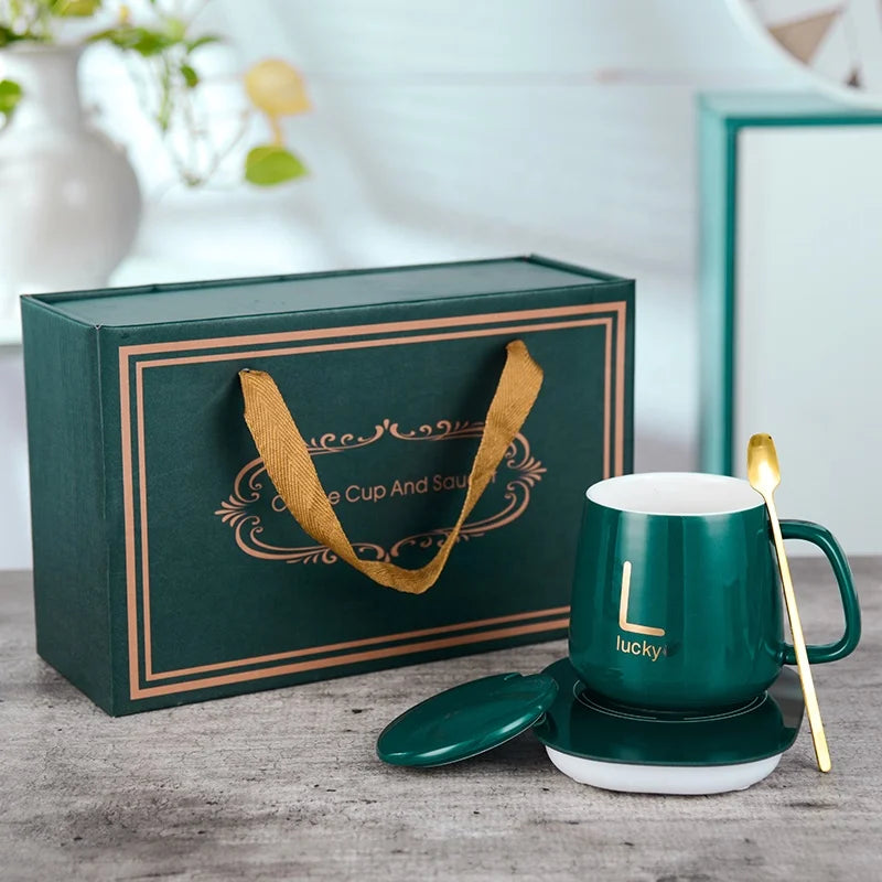 Hot Selling Temperature Control 55 Degrees Smart Heated Ceramic Coffee Cup Mug Electric Charging Cup Warmer with Spoon