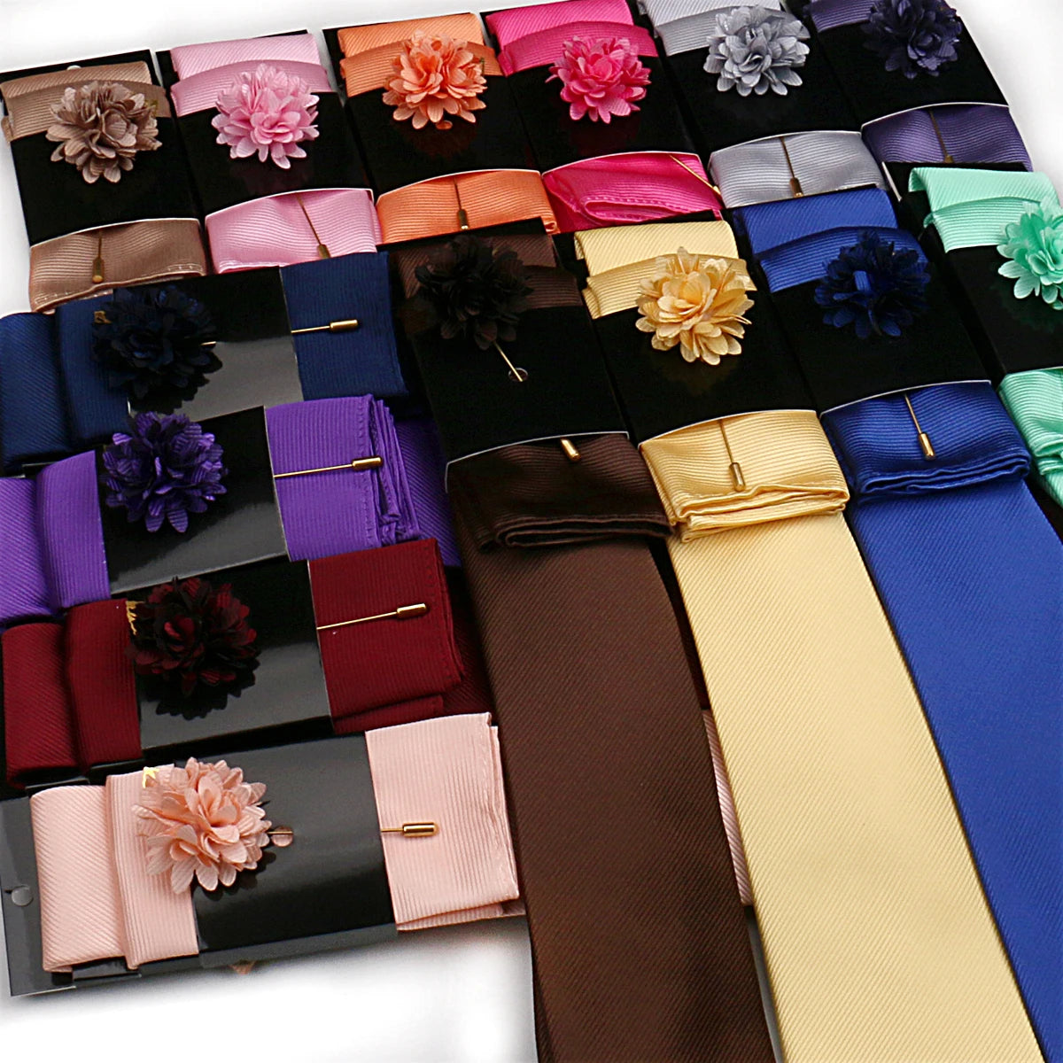 Fashion Silk Tie and Handkerchief Black Suit Red Tie Set for Men 3pcs Polyester Solid Necktie Men's Tie Set for Wedding