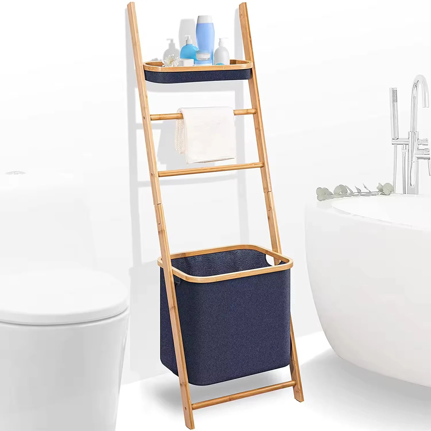 Bamboo Bath Towel Ladder Rack with Storage Holder Hamper Basket Wall Leaning Blanket Throw Hanger Stand Floor Standing Organizer