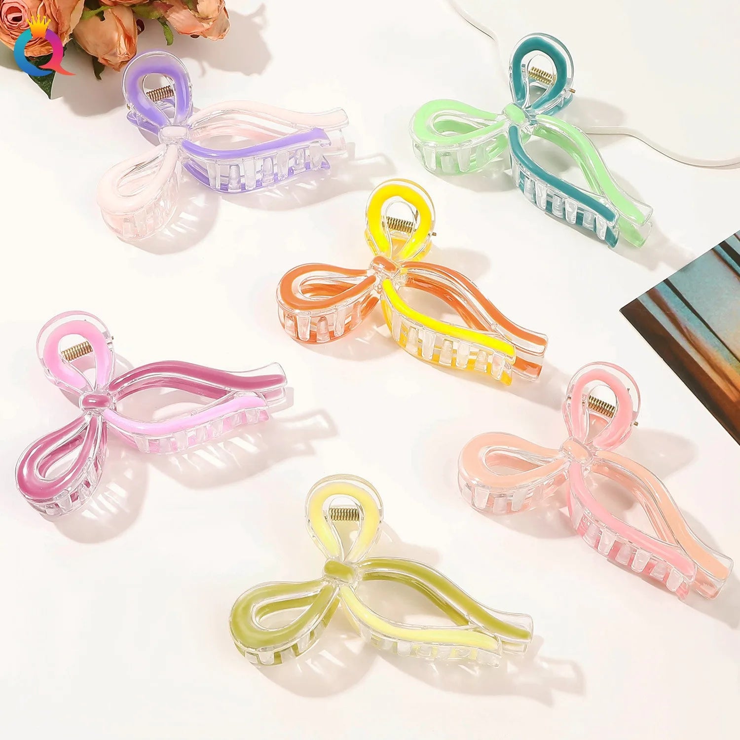 QIYUE 2024 New Bow Hair Clips Women Large Shark Jelly-colored Bow Claw Clips Girl Hair Accessories