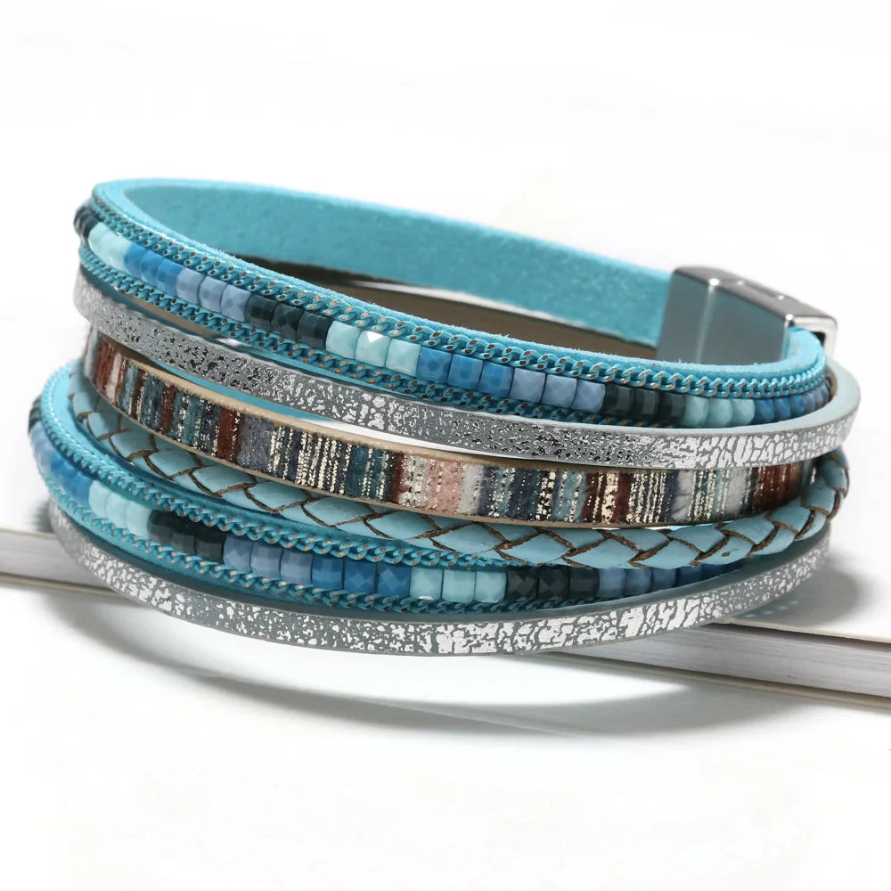Hot Selling Bohemian Style Hand Woven Two Layers Leather Bracelet Alloy Magnetic Buckle Women Fashion Bohemian Bracelet