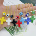 NG1076 Protection 18k Gold Plated Multi Colored Lampwork Glass Evil Eyes Cube Bead and Cross Charm Pendant Chain Necklace