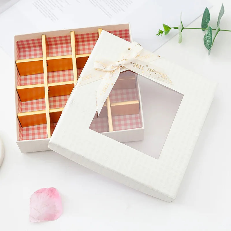 Bronzing Square Chocolate Gift Box 520 with Transparent Window and Bow Food Packaging Wholesale Direct Supply