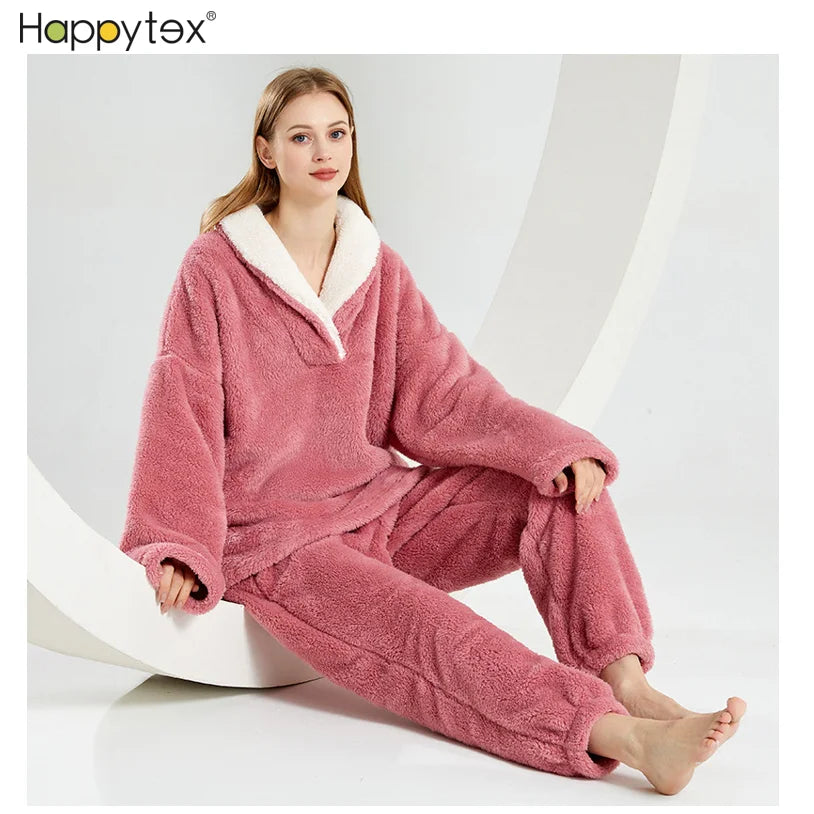 Hot Sale Fashion Comfortable Thick Soft Plush Flannel l Long Sleeve 2 PCS Women Pajamas Set Winter for Ladies Cold Weather