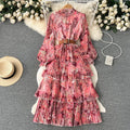 One Size Stand up Collar Mesh Long Sleeved Ruffled Dress Printed Large Swing Dress Lantern Sleeve Cake Long Dress