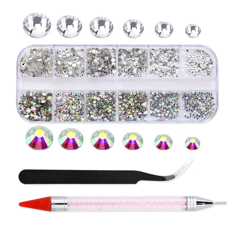Wholesale 12 Blanks  Mixed Sizes Rhinestone Flat Back AB With Wax Pens  in Box Rhinestones for Nail Art and DIY