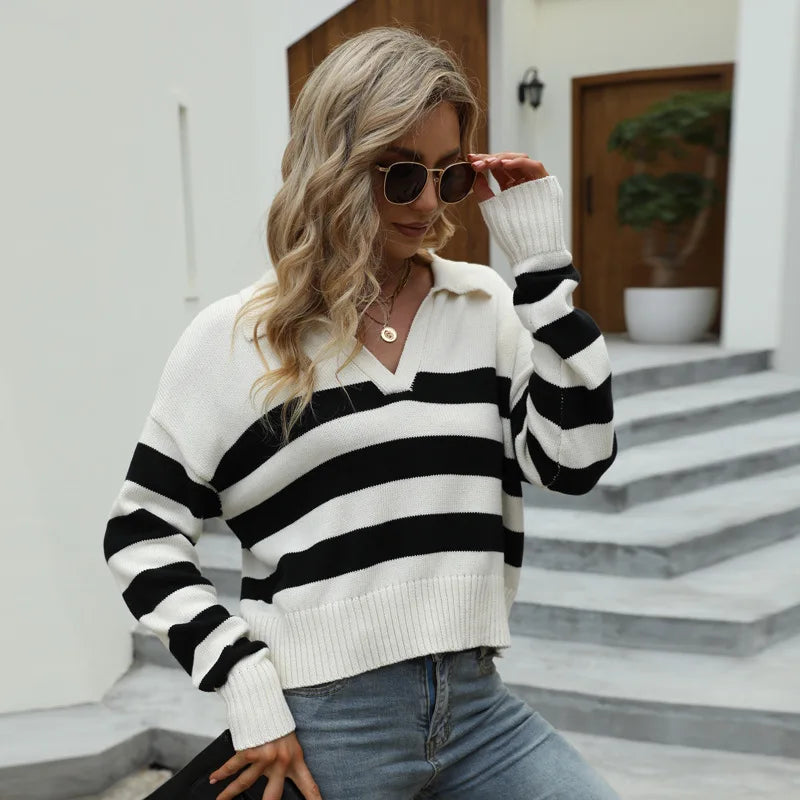 Autumn Winter Women's Custom Long-Sleeved Loose Striped Knitted Pullover Casual Style Factory Custom Sweater Coat