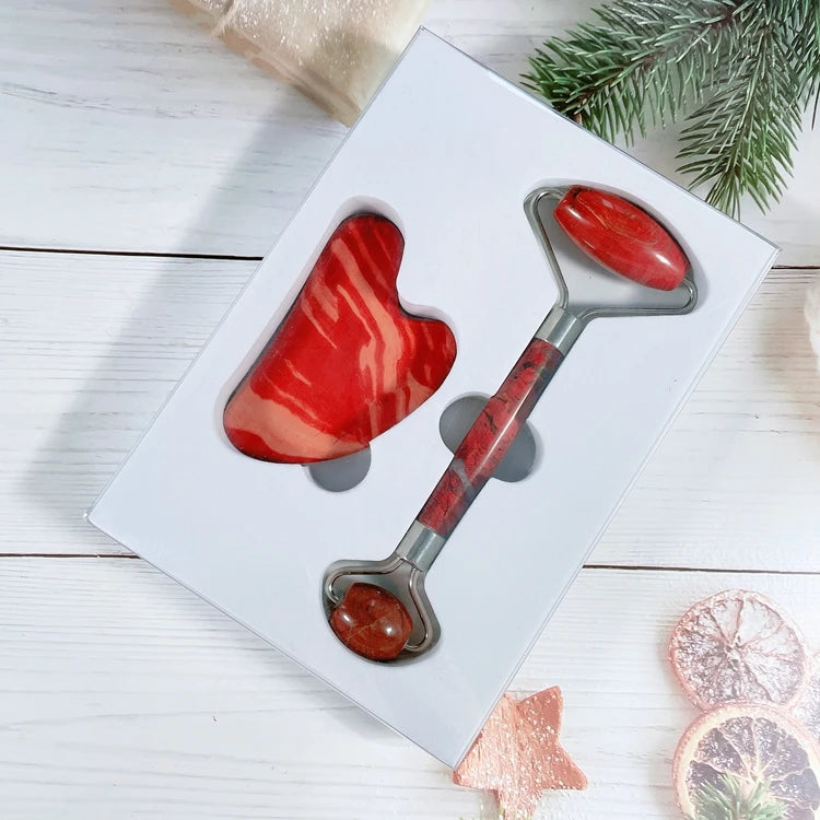 Hongzhuo Arrival Silver Metal Red jasper Roller Heart Gua Sha Set for Facial Beauty Skin Care Kit