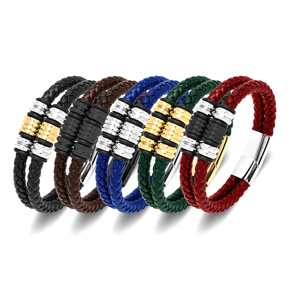 New Trendy Stainless Steel Men's Black Leather Bracelet Punk Style Friendship Bangles Pulseras Hombre for Christmas Jewelry