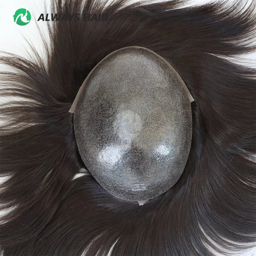 6" 8" 9-10" Injection PU Skin Toupee Brown 7 X 9 Thin Skin Real European Virgin Human Hair Long Hair Wigs for Mens
