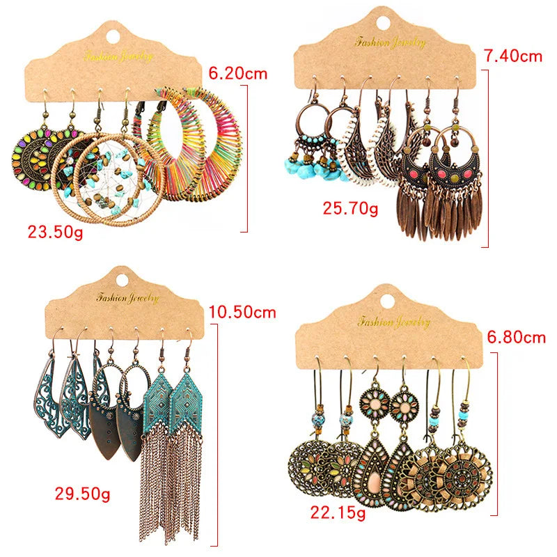 Retro Ethnic Style Braided Womens Earrings Set Handmade Round Metal Tassel Earrings Custom
