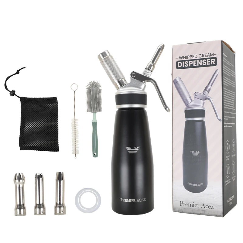 500mL 1 Pint Kitchen Professional Aluminum Whipped Cream Dispenser Leak-Free Whip Cream Maker Canister with 3 Decorating Nozzles