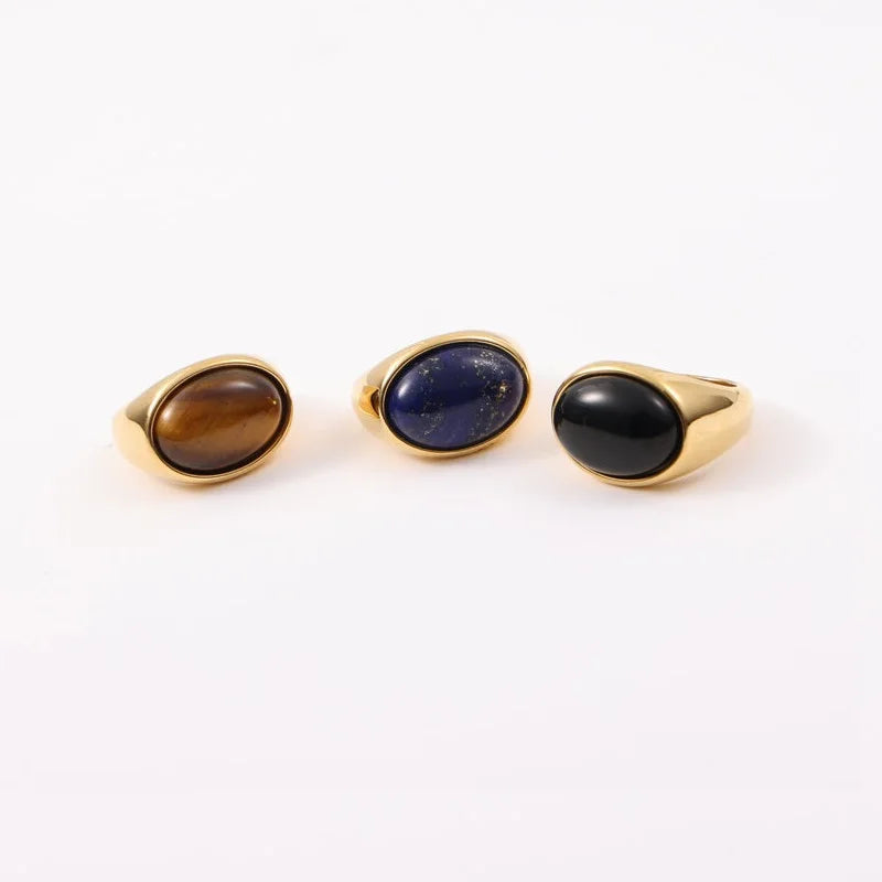 Joolim Stainless Steel Jewelry Wholesale 18K Gold Plated Black Agate Natural Stone Rings for Women Dainty Rings