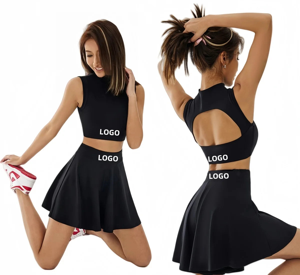 Hollow Open Back Crop Top with Skirt Tennis Wear Set Girls Summer Sports Gym Fitness Sets Women Tennis Clothes