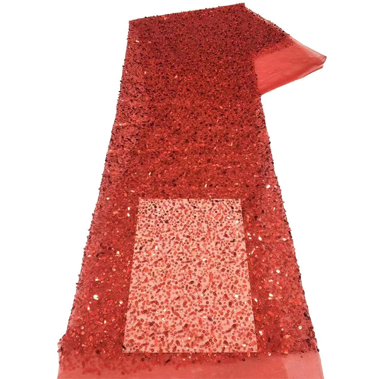 Wholesale Sequins Beaded Embroidery Lace Fabric Beautiful French Red Mesh Beaded Lace Fabric for Women