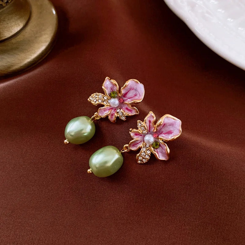 Women s Boho Gold-Plated Pink Flower Gemstone Crystals Drop Stud Earring with Rhinestone