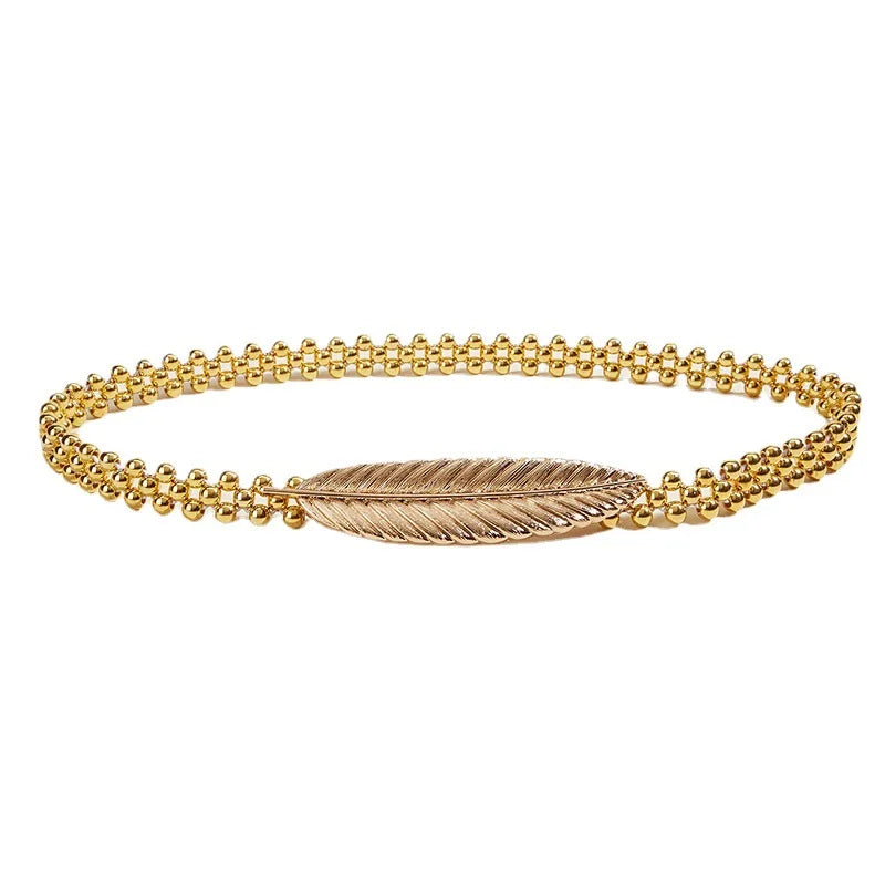 2025 Wholesale Fascinating Leaf Clasp Buckle Metal Dress Belt Golden Silver Feather Beaded Waist Chain for Women