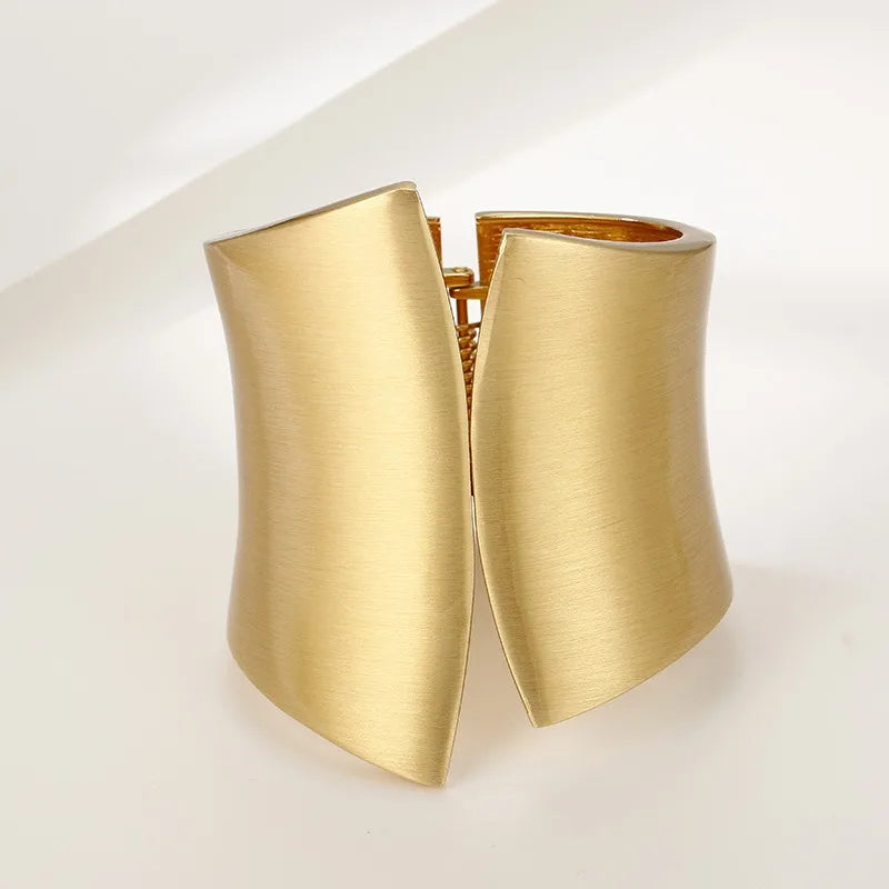 Ultra Wide Asymmetric Smooth Cuff Gold Plated Alloy Bracelet for Women Punk Lady Street Style Trendy Statement Bangle