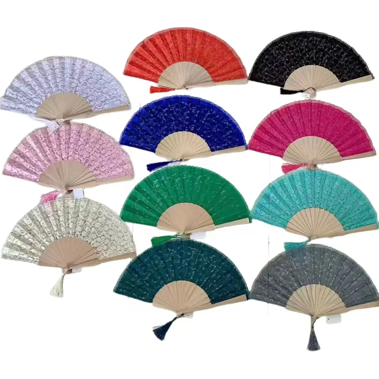 Chinese Ancient 23CM Colorful Embroidered Wooden Craft Wooden Lace Fan Dance Folding Fan