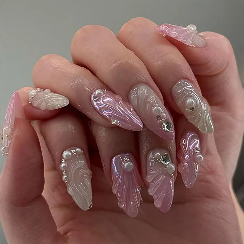24 Pcs/set Soft Acrylic 3680 3D pink Gradient with Shell Pearls Rhinestones Short Almond Press on Nails Artificial Fingernails MegaBDM