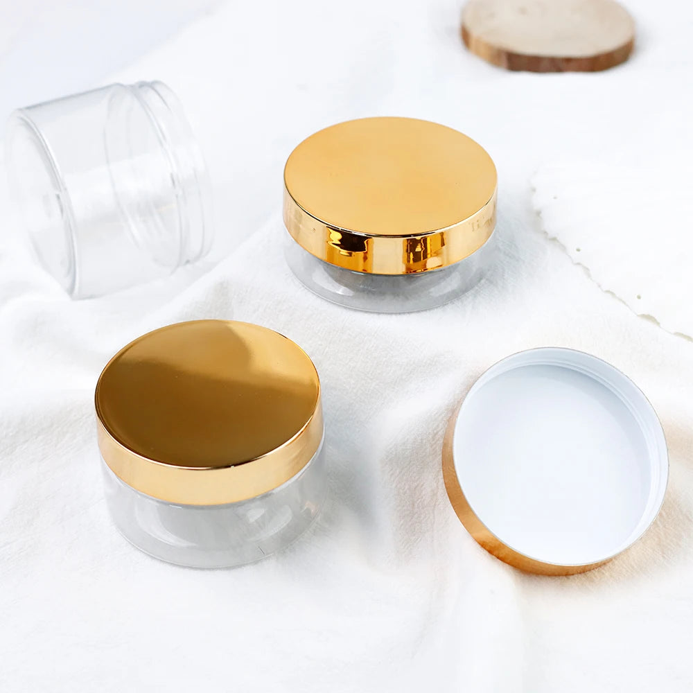 Wholesale Clear PET Plastic 3.5oz 6oz Cream Jars with Golden Lids for Skin Care & Cosmetic Silk Screen Printed Custom Logo
